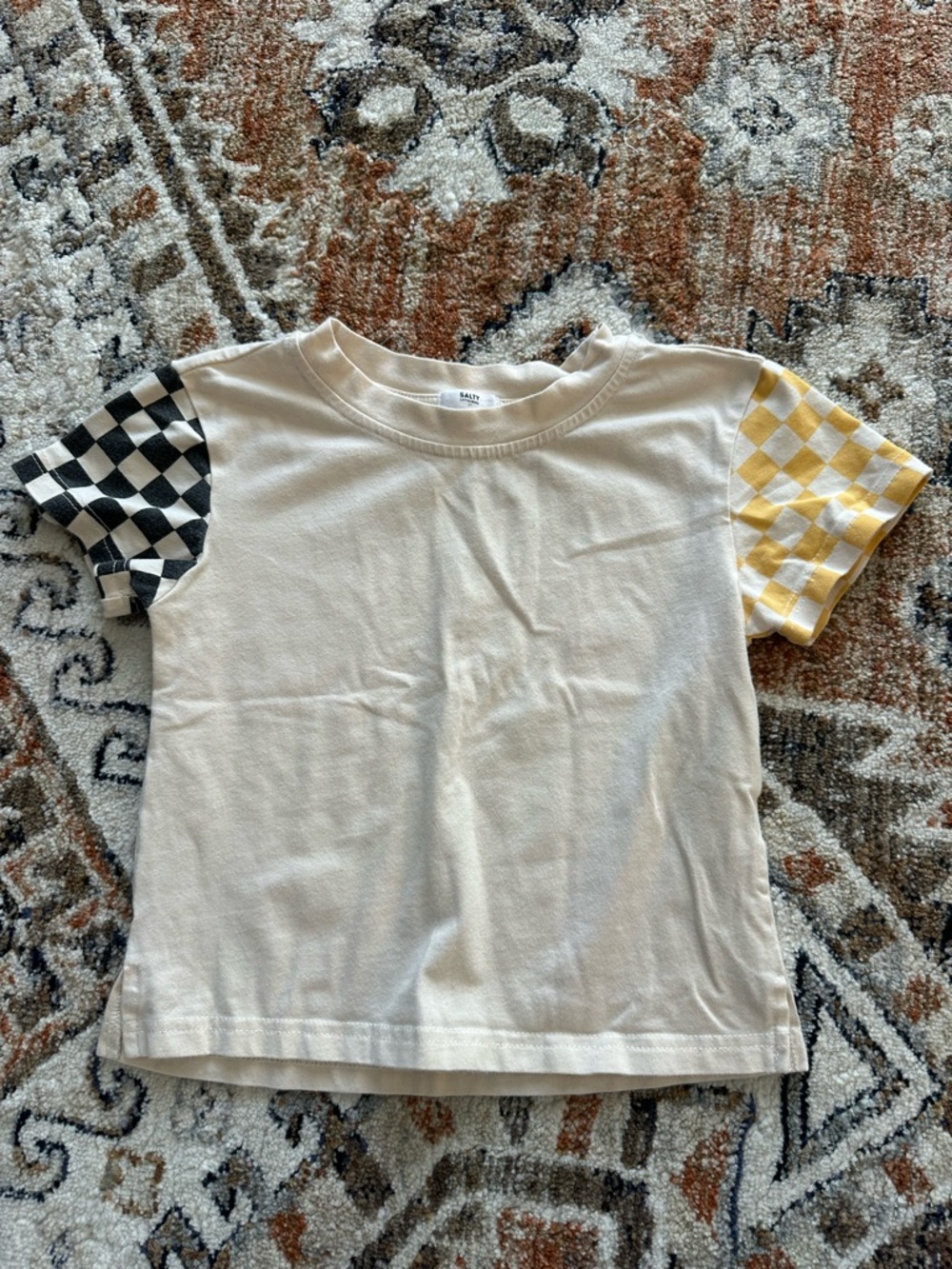 Cream Tee with Checkerboard Sleeves - Kids